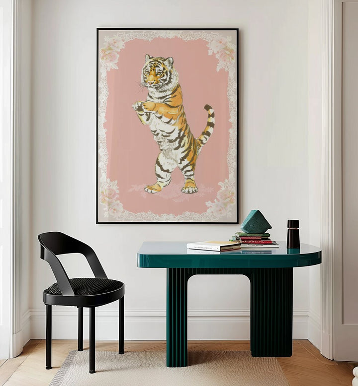 Circus Tiger Kids Room Paintings Kids Room Wall Art in Black Plain Frame placed on a wall behind a study table