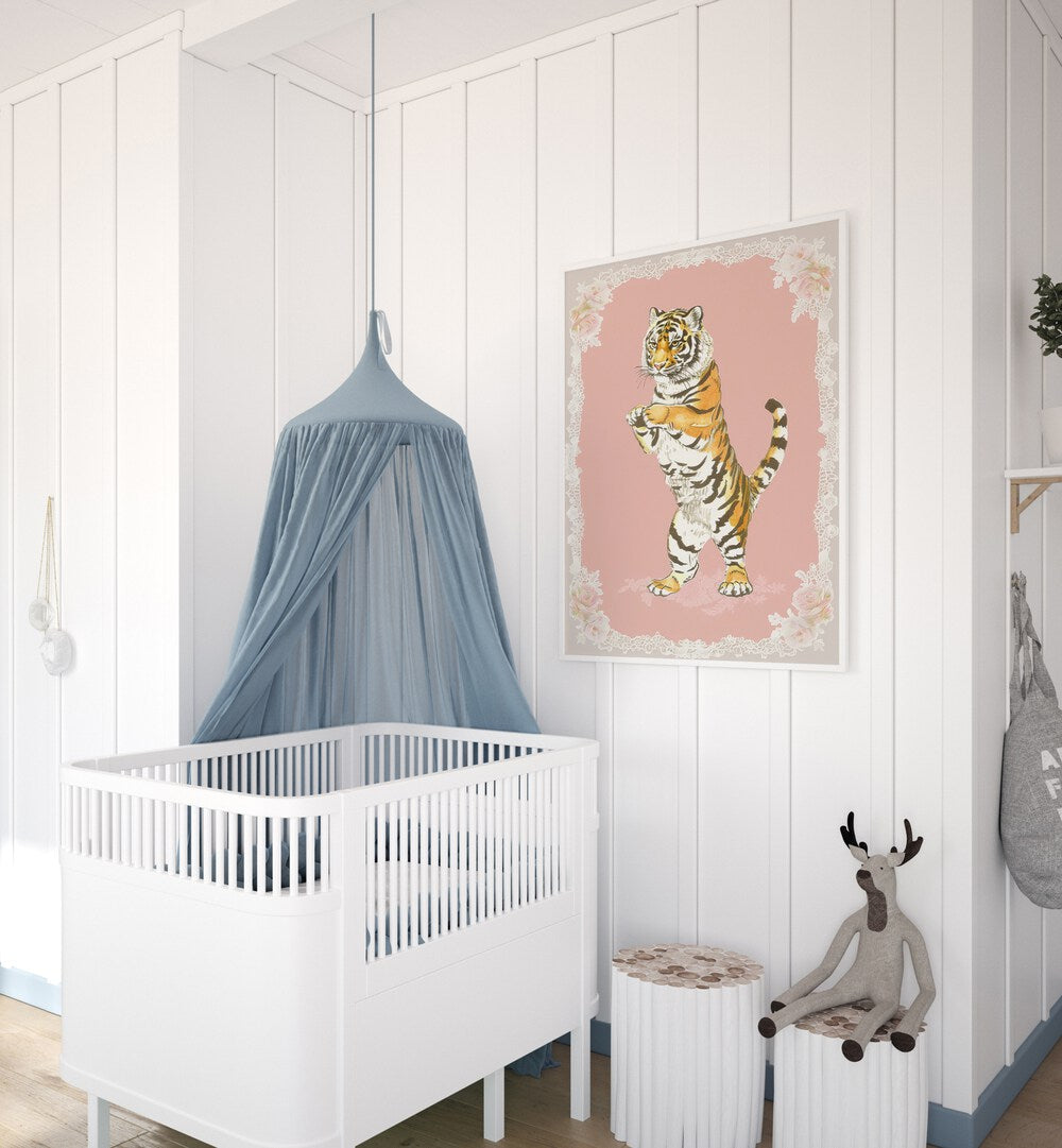 Circus Tiger Kids Room Paintings Kids Room Wall Art in White Plain Frame placed on a wall in a kids room beside an infant's bed