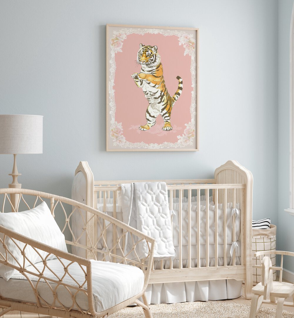 Circus Tiger Kids Room Paintings Kids Room Wall Art in Oak Wood Plain Frame placed on a wall in a kids room behind an infant's bed