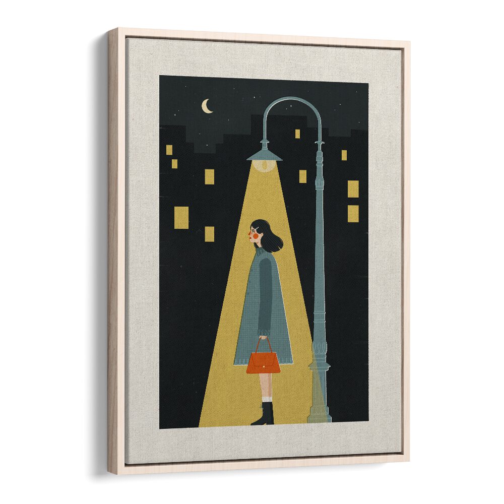 City Girl By Julia Leister Women Illustration Paintings in Oak Wood Floater Frame