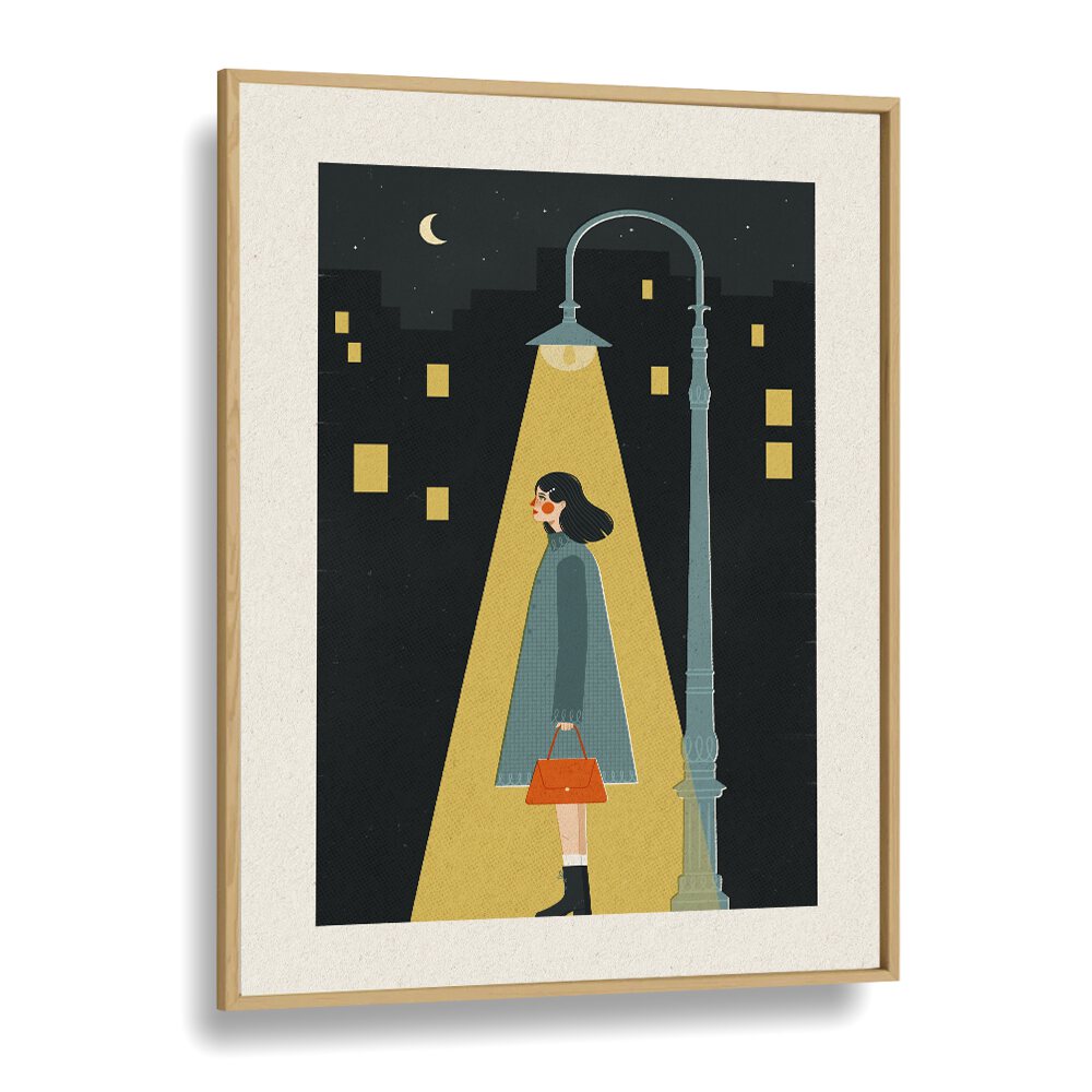 City Girl By Julia Leister Women Illustration Paintings in Oak Wood Plain Frame