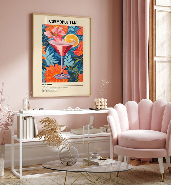 City Lights in a Glass Cosmopolitan Cafe Art Prints Cafe Posters in Oak Wood Plain Frame placed on a wall behind a table