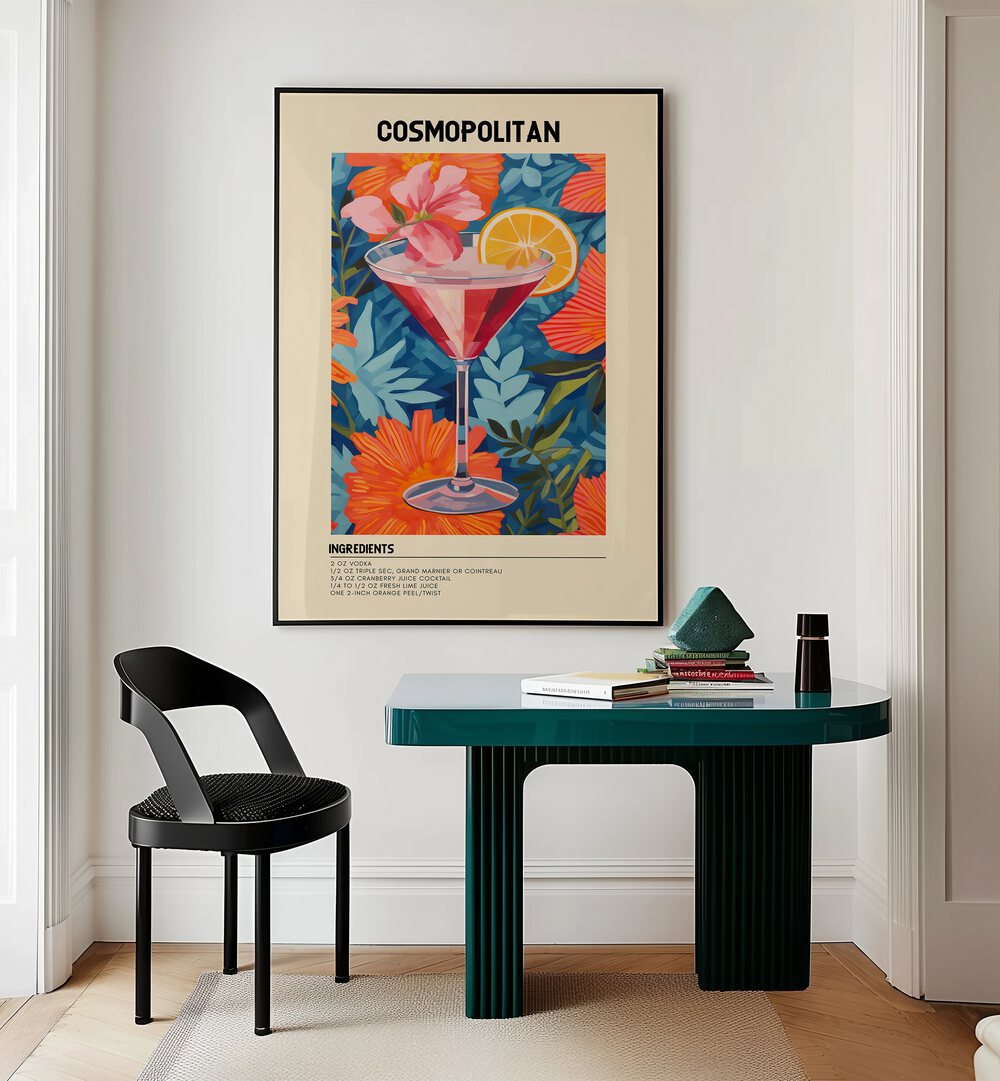 City Lights in a Glass Cosmopolitan Cafe Art Prints Cafe Posters in Black Plain Frame placed on a wall behind a study table