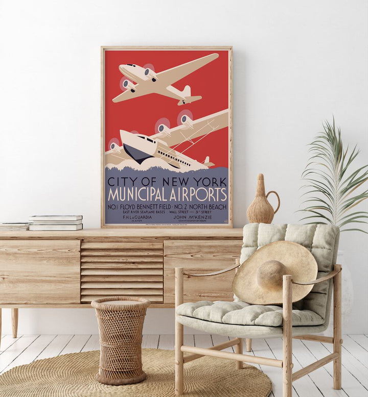 City of New York  Vintage Travel Posters in Oak Wood Plain Frame placed on a console table behind a chair