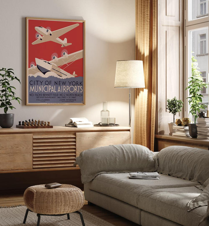 City of New York  Vintage Travel Posters in Oak Wood Plain Frame placed on a wall behind a console table