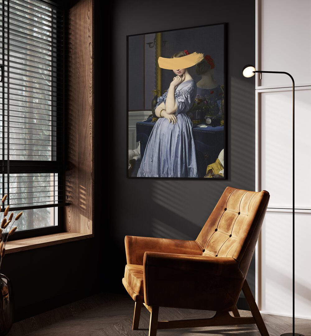 Classic Oil Painting and Yellow Splash by the Art Concept Altered Art Prints in Black Plain Frame placed on a wall beside an orange sofa