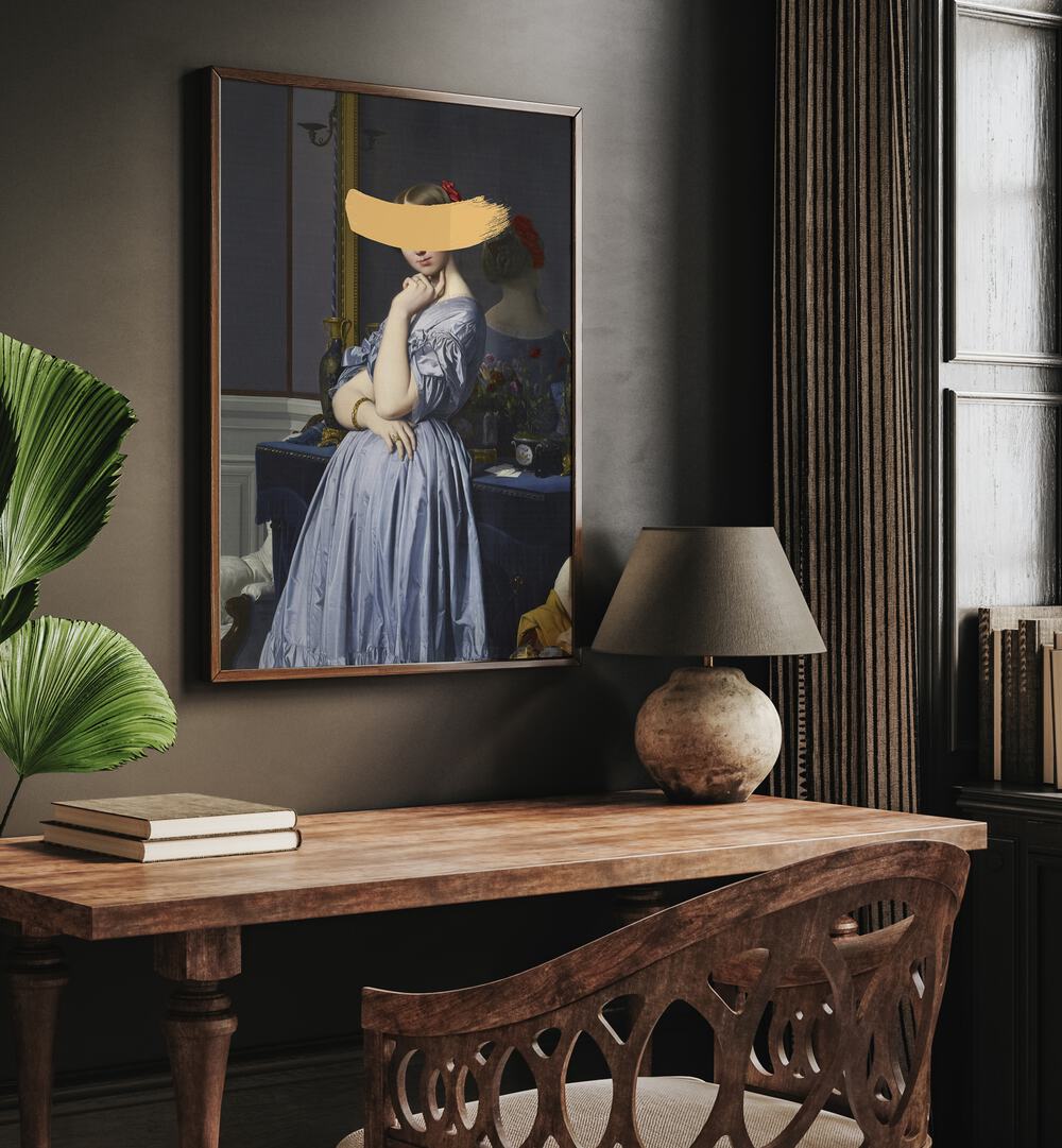 Classic Oil Painting and Yellow Splash by the Art Concept Altered Art Prints in Oak Wood Plain Frame placed on a wall behind a study table