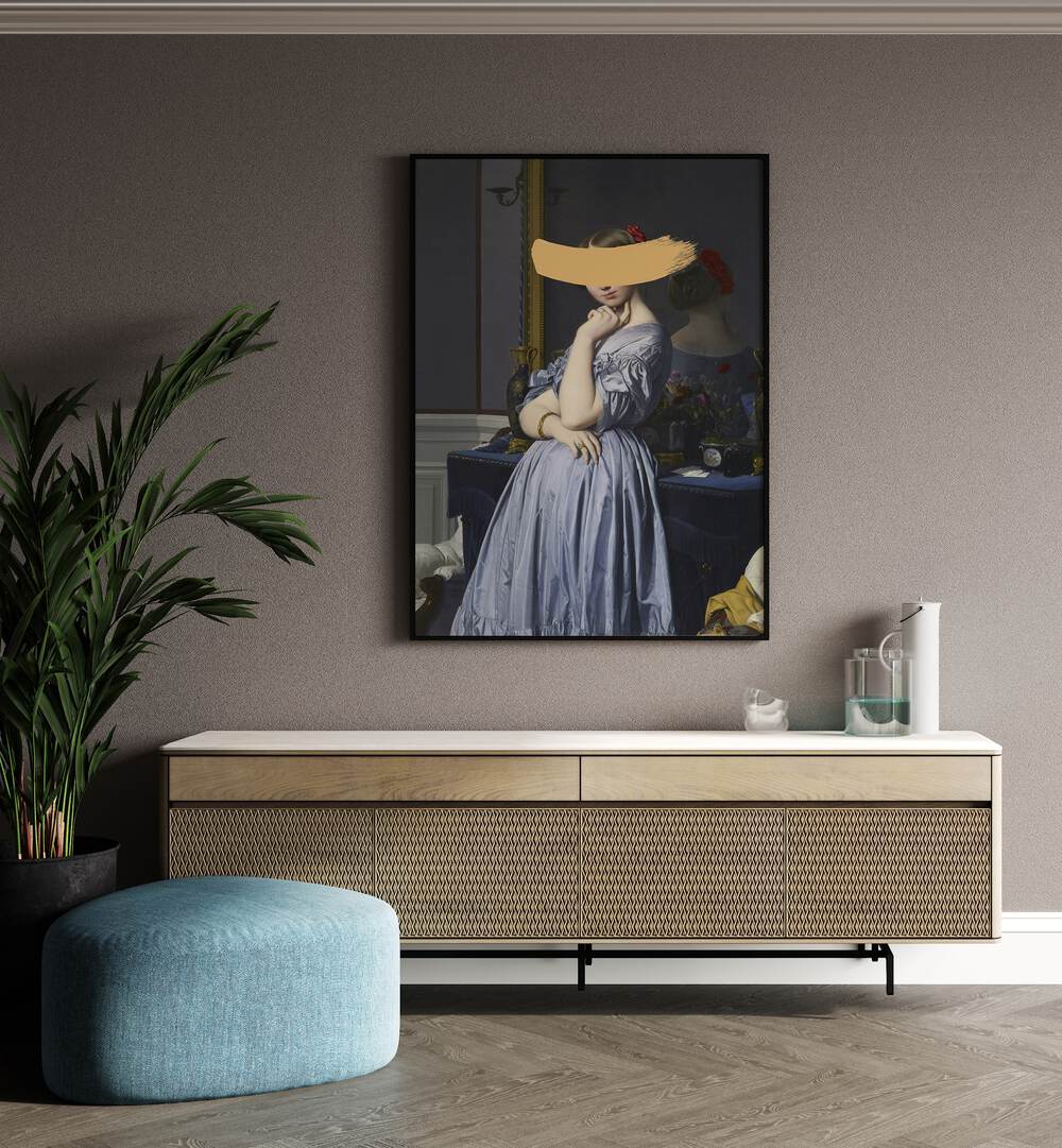 Classic Oil Painting and Yellow Splash by the Art Concept Altered Art Prints in Black Plain Frame placed on a wall behind a console table