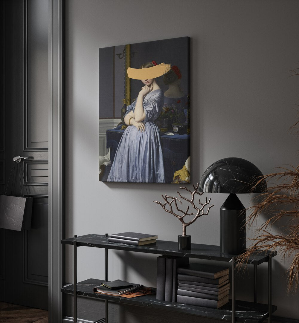 Classic Oil Painting and Yellow Splash by the Art Concept Altered Art Prints in Gallery Wrap placed on a wall behind a table and beside a door