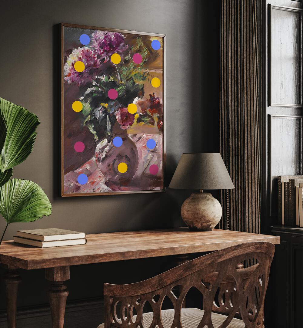 Classic Vase of Flowers and Dots by the Art Concept Altered Art Prints in Dark Wood Plain Frame placed on a wall above a study table