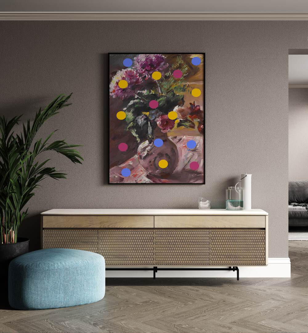 Classic Vase of Flowers and Dots by the Art Concept Altered Art Prints in Black Plain Frame placed on a wall behind a console table