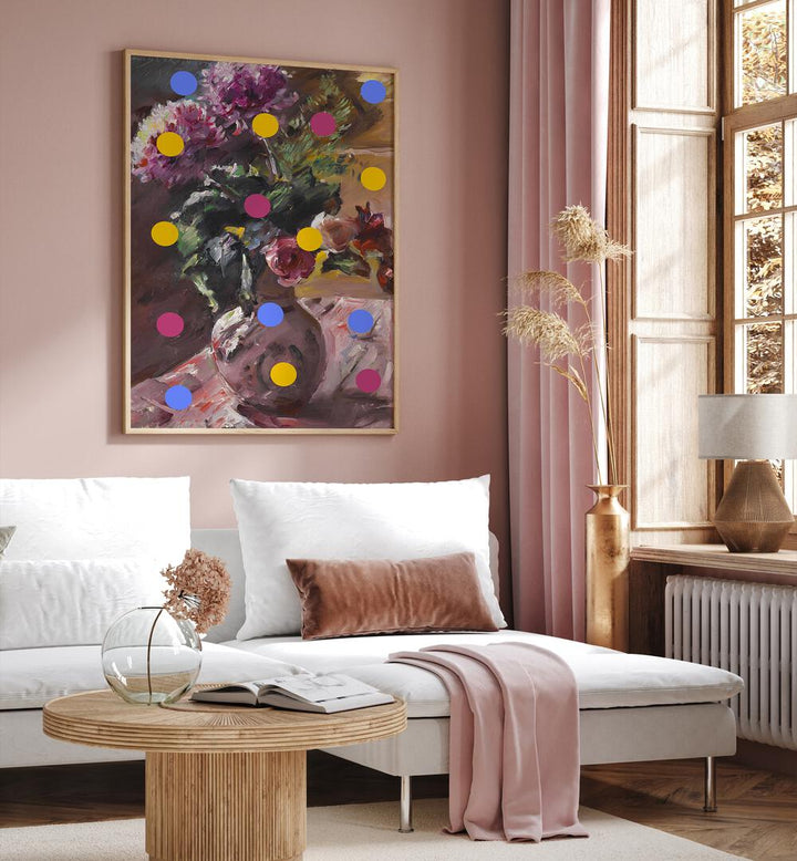 Classic Vase of Flowers and Dots by the Art Concept Altered Art Prints in Oak Wood Plain Frame placed on a wall behind a sofa