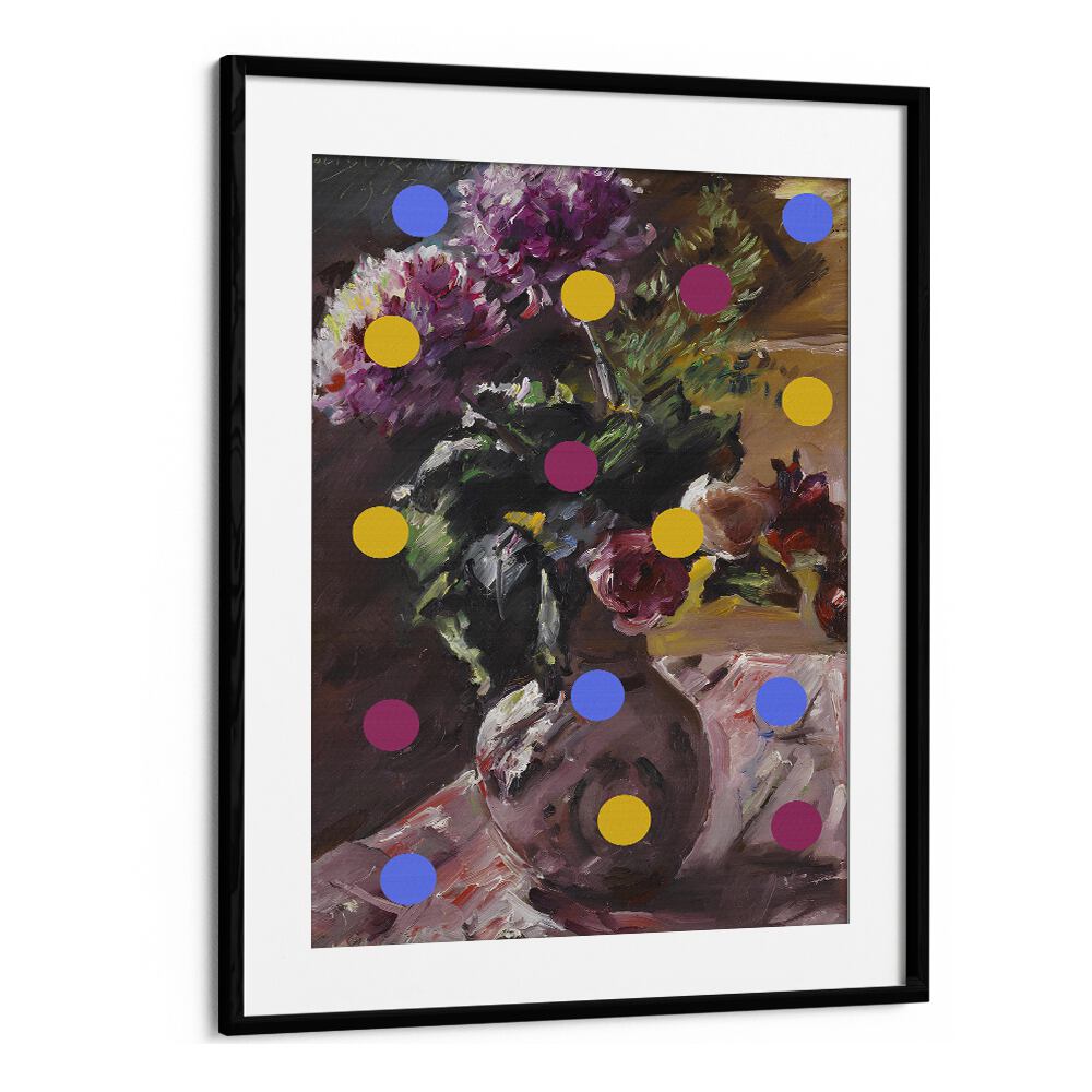 Classic Vase of Flowers and Dots by the Art Concept Altered Art Prints in Black Frame With Mount