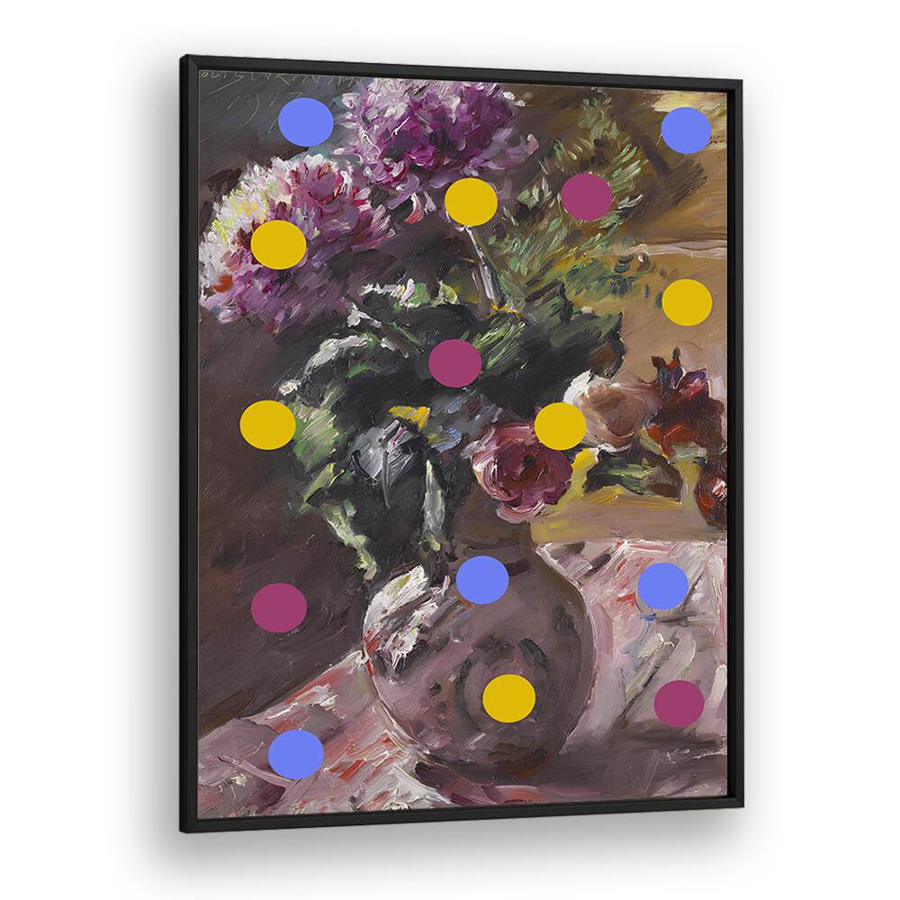 Classic Vase of Flowers and Dots by the Art Concept Altered Art Prints in Black Plain Frame