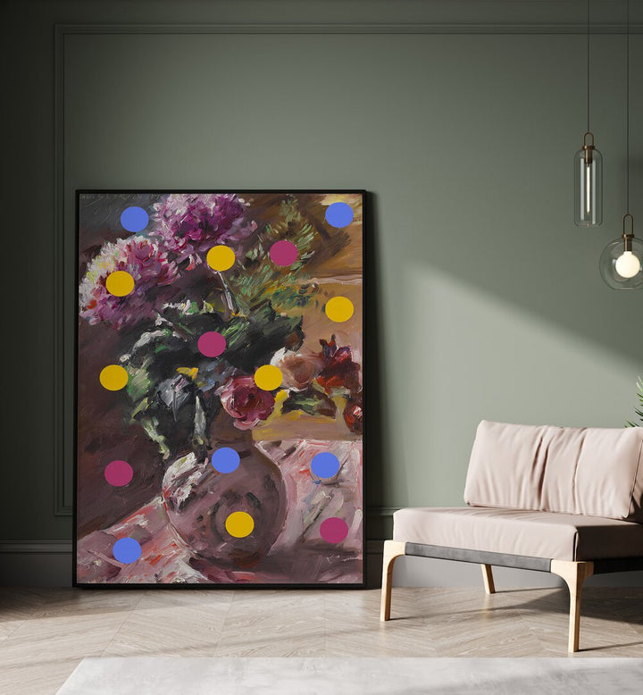 Classic Vase of Flowers and Dots by the Art Concept Altered Art Prints in Black Plain Frame placed on the floor beside a sofa