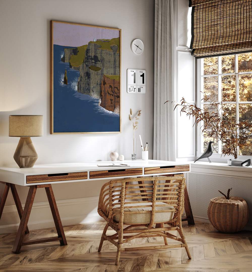 Stylish interior featuring CLIFFS OF MOHER, BEACH PAINTINGS, enhancing the workspace with coastal charm.