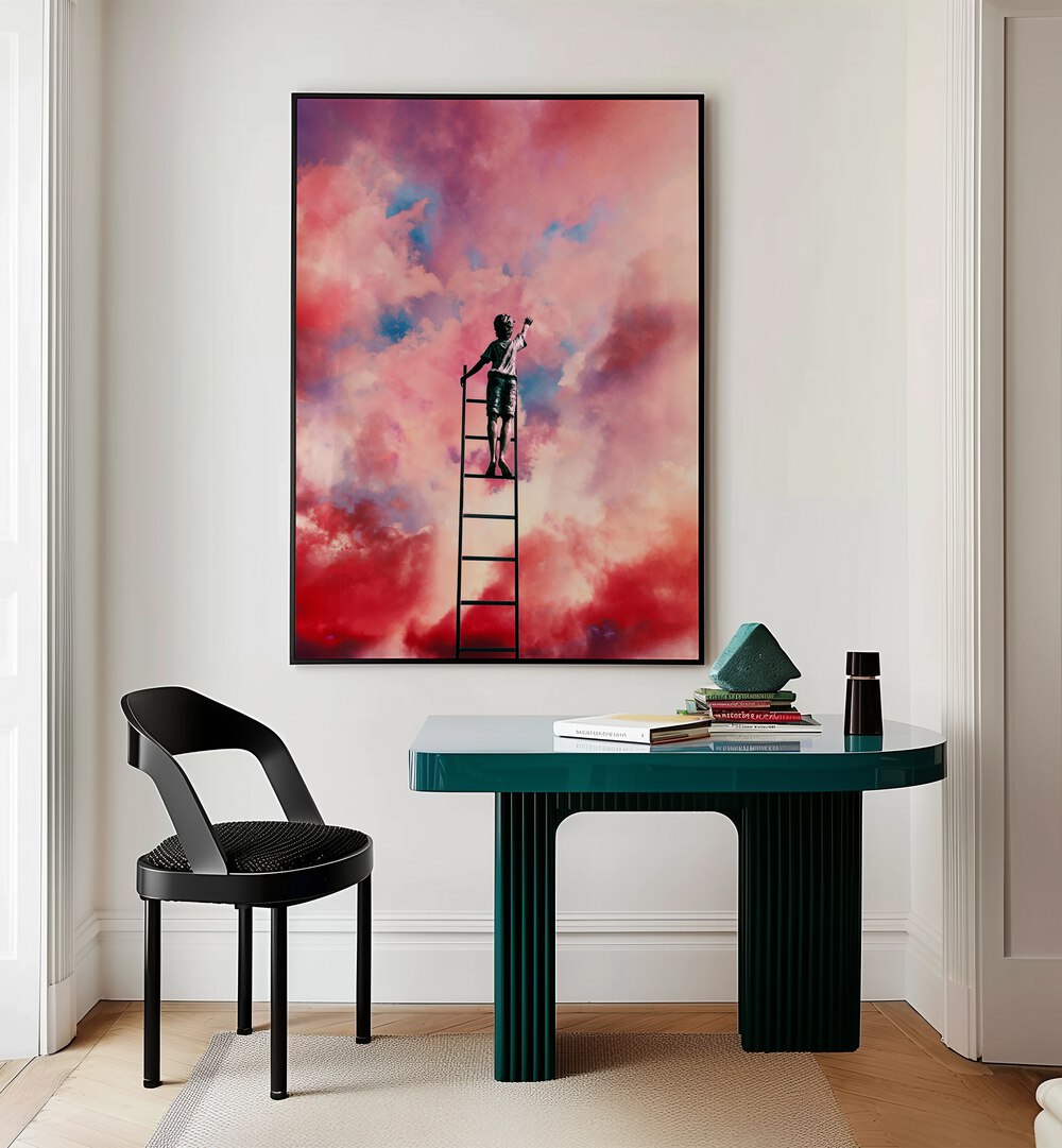 Transform your space with CLOUD PAINTER, SURREAL ART PRINTS by Taudalpoi, featuring a child against vibrant clouds.