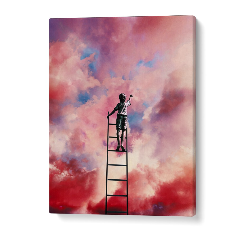 CLOUD PAINTER, SURREAL ART PRINTS: A child reaches for the sky amidst vibrant clouds, perfect for elevating any room.