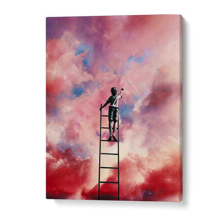 CLOUD PAINTER, SURREAL ART PRINTS: A child reaches for the sky amidst vibrant clouds, perfect for elevating any room.