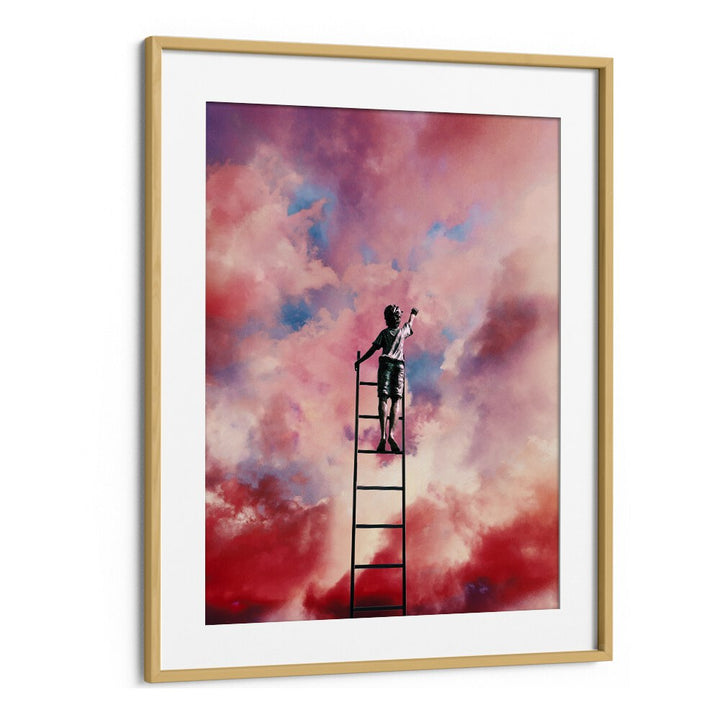 CLOUD PAINTER, SURREAL ART PRINTS showcase a child on a ladder reaching for vibrant clouds, framed by Taudalpoi.