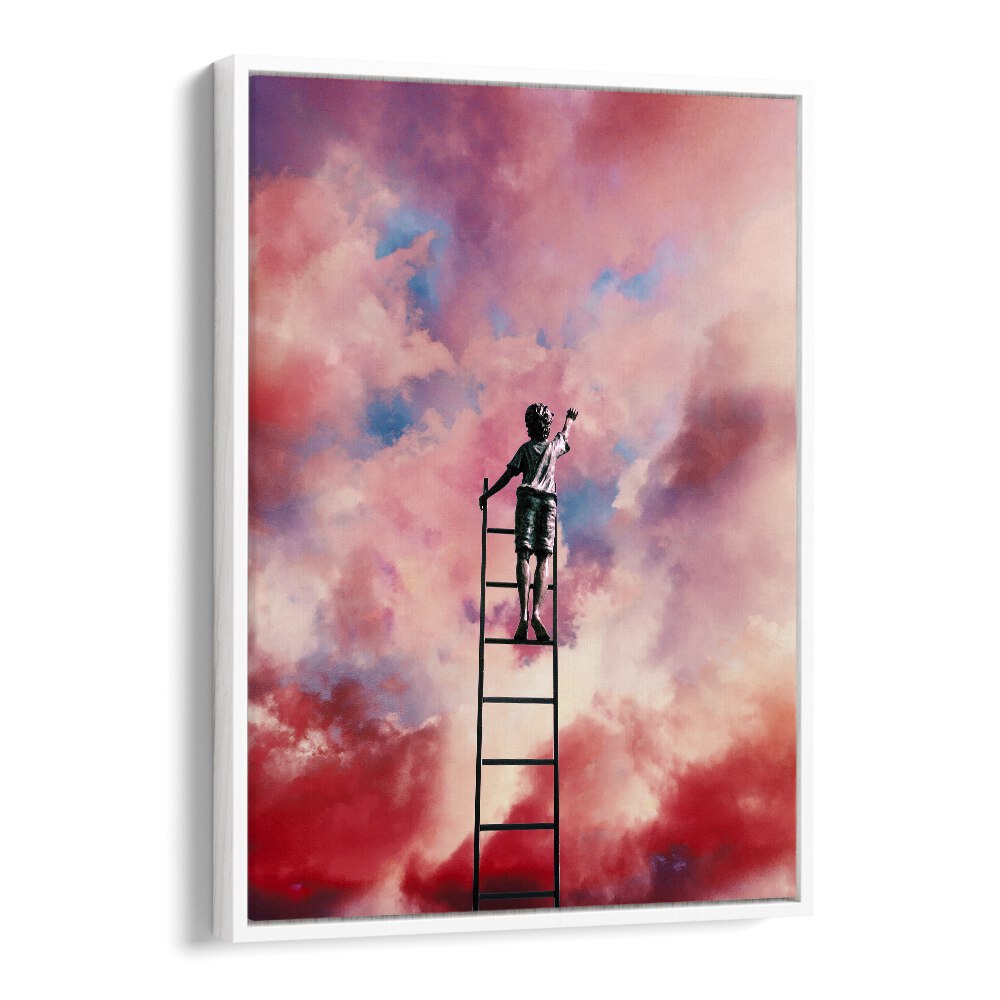 CLOUD PAINTER, SURREAL ART PRINTS by Taudalpoi, features a figure reaching for vibrant clouds on premium canvas.