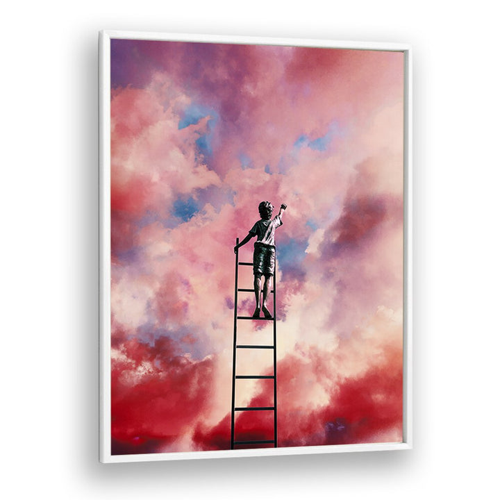 CLOUD PAINTER, SURREAL ART PRINTS by Taudalpoi features a child reaching for vibrant clouds, perfect for any space.