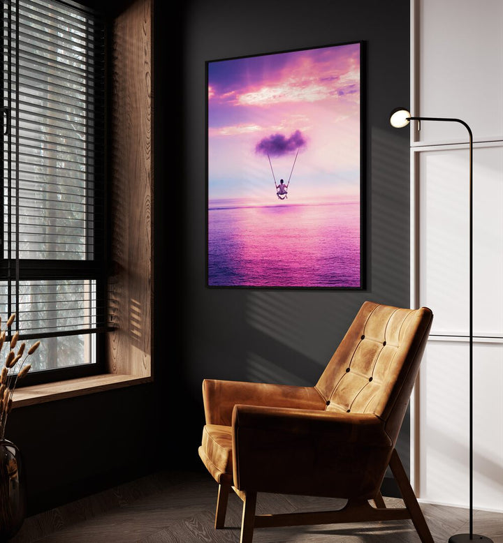 Cloud Swing By Ritvik Takkar Surreal Art Prints in Black Plain Frame placed on a Dark Grey Colored Wall in the Drawing Room