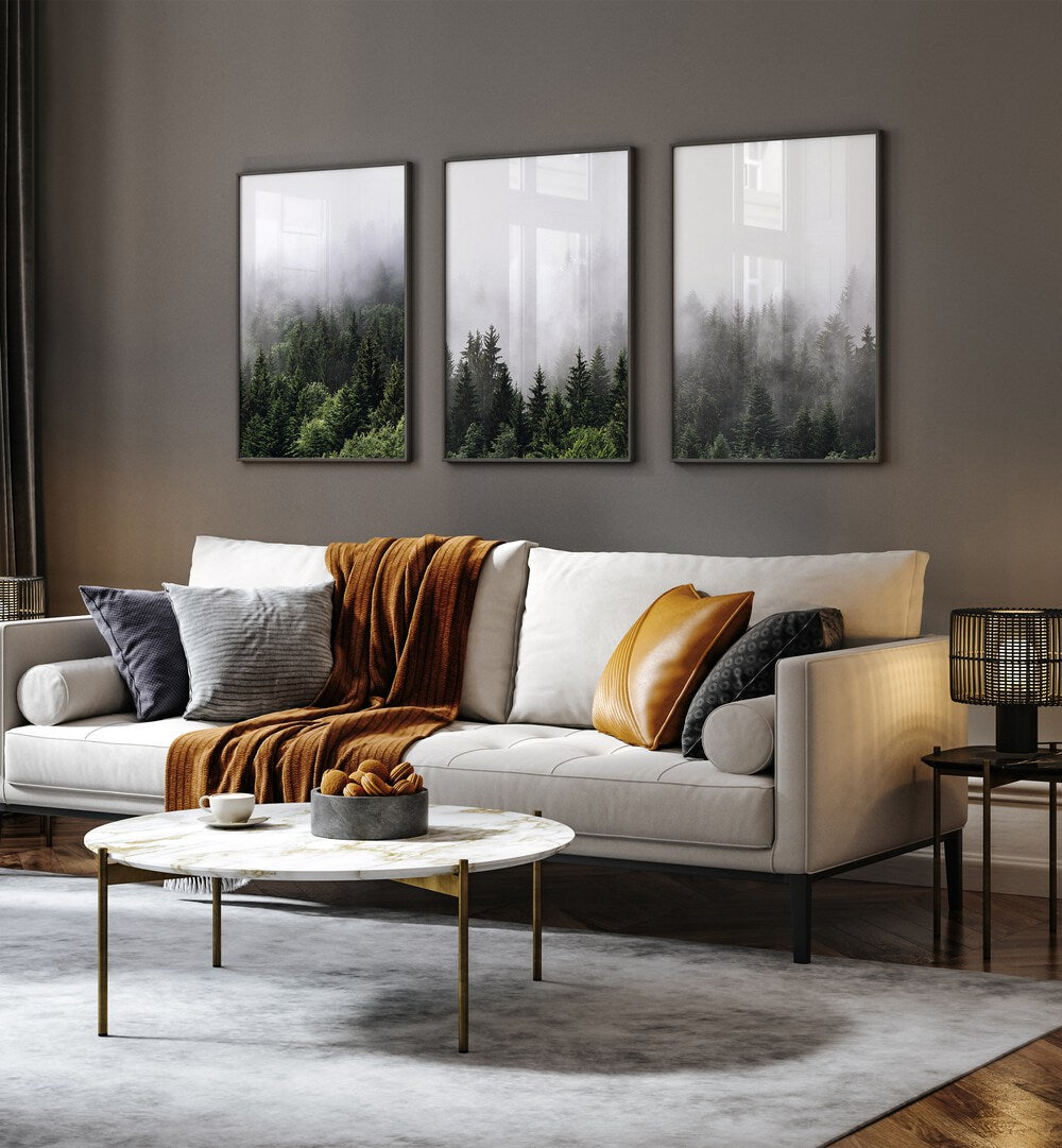 Cloudy Mountains Set Of 3 Paintings in Black Plain Frame placed on a living room wall behind a sofa