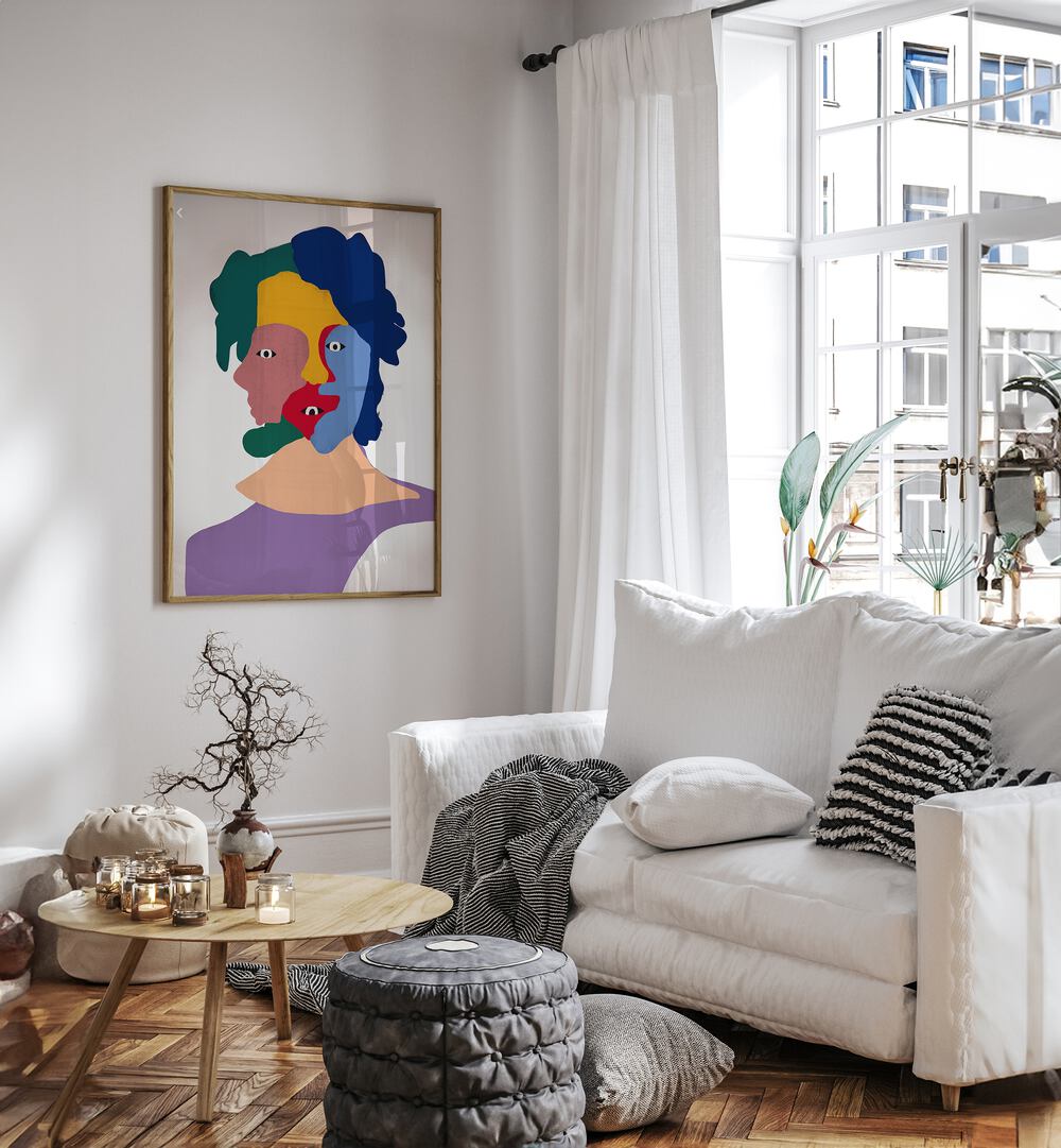 Clown Portrait By Little Dean Abstract Art Abstract Paintings in Oak Wood Plain Frame placed on a White Colored Wall near a White Sofa in the Living Room 