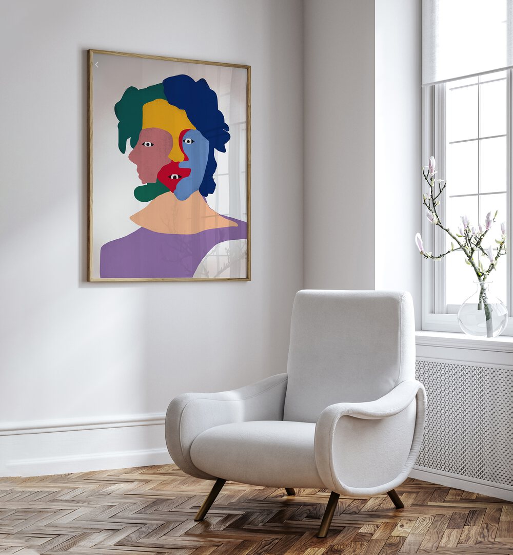 Clown Portrait By Little Dean Abstract Art Abstract Paintings in Oak Wood Plain Frame placed on a White Colored Wall in the Drawing Room