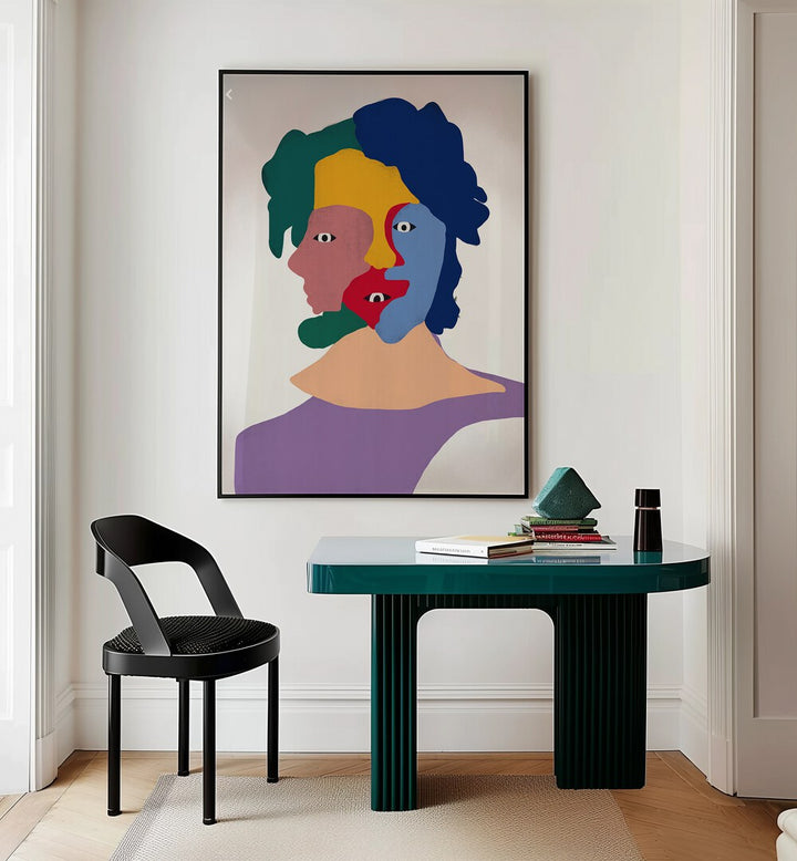 Clown Portrait By Little Dean Abstract Art Abstract Paintings in Black Plain Frame placed on a Cream Colored Wall near a Workspace Table in the Drawing Room