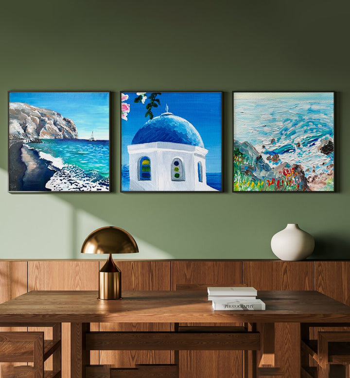 Coastal Blue Dome Set Set Of 3 Paintings in Black Plain Frame placed on a green wall behind a brown console table for study room