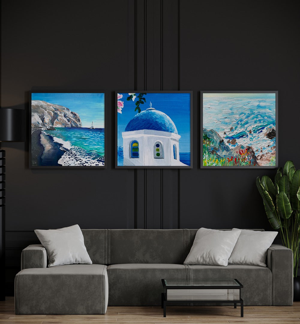 Coastal Blue Dome Set Set Of 3 Paintings in Black Plain Frame placed on a wall behind a sofa for living room