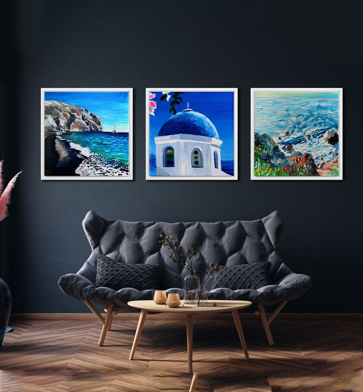 Coastal Blue Dome Set Set Of 3 Paintings in White Plain Frame placed on a wall behind a blue sofa for living room