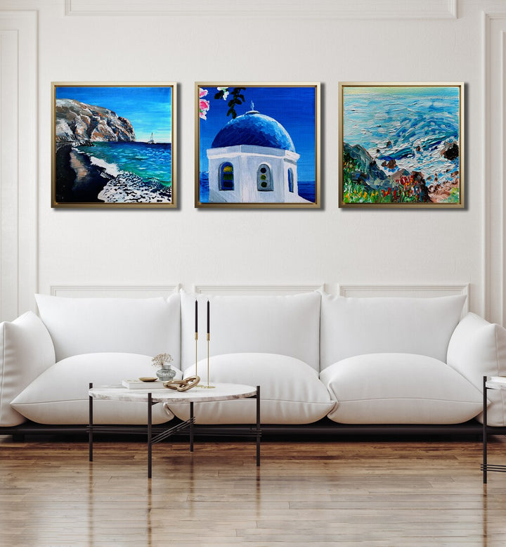 Coastal Blue Dome Set Set Of 3 Paintings in Oak Wood Floater Frame placed on a white wall behind a white sofa for living room