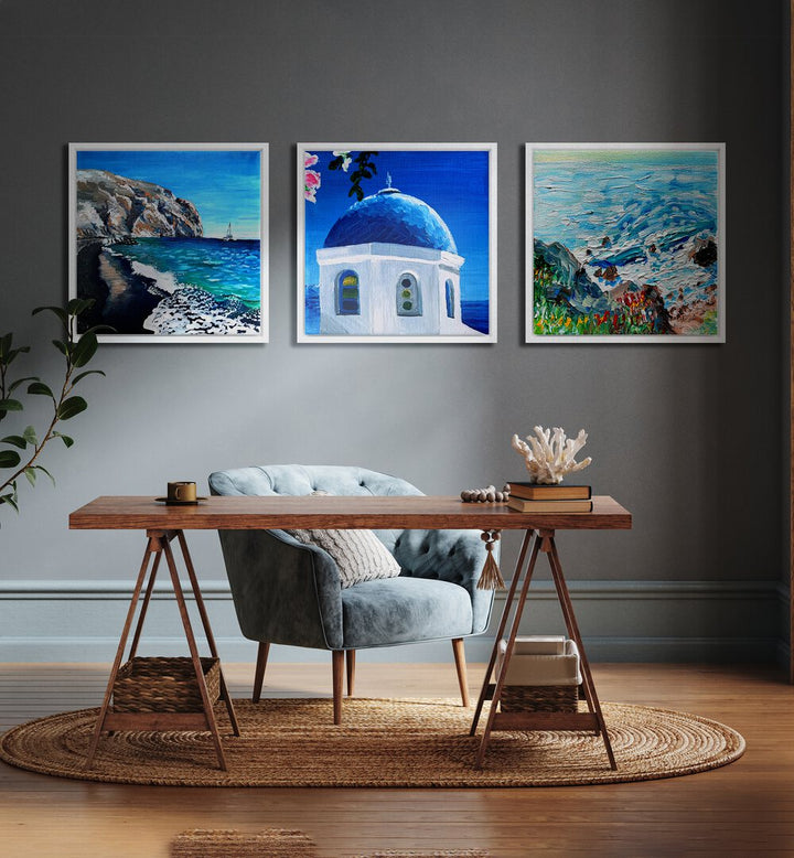 Coastal Blue Dome Set Set Of 3 Paintings in White Plain Frame placed on a wall behind a study table