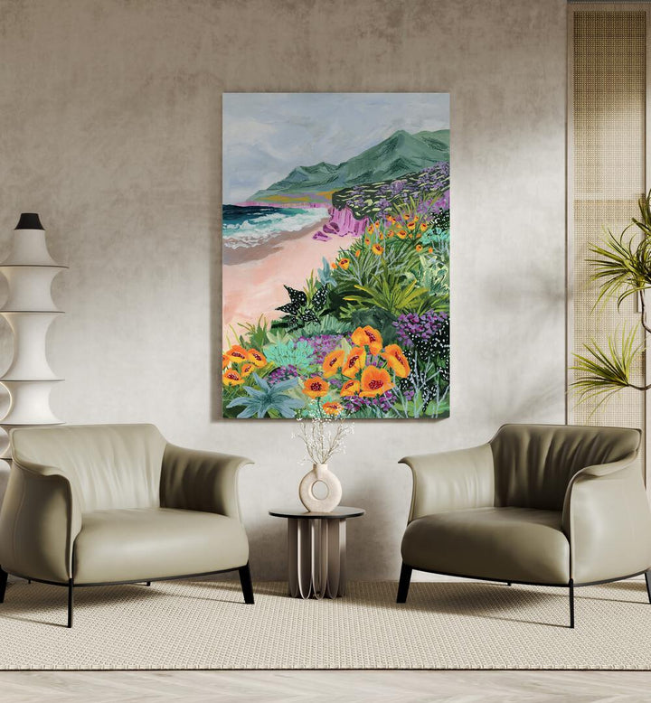 Coastal Bluffs By Sarah Gesek Landscape Art Prints in Gallery Wrap placed on a wall between two chairs and a table