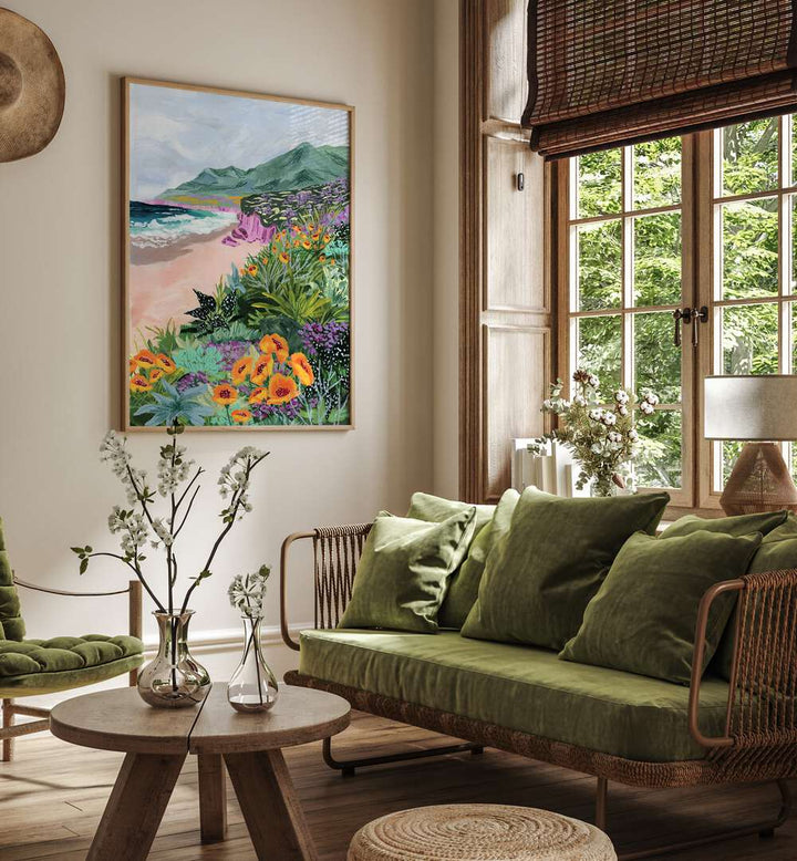 Coastal Bluffs By Sarah Gesek Landscape Art Prints in Oak Wood Plain Frame placed on a living room wall beside a window and a sofa