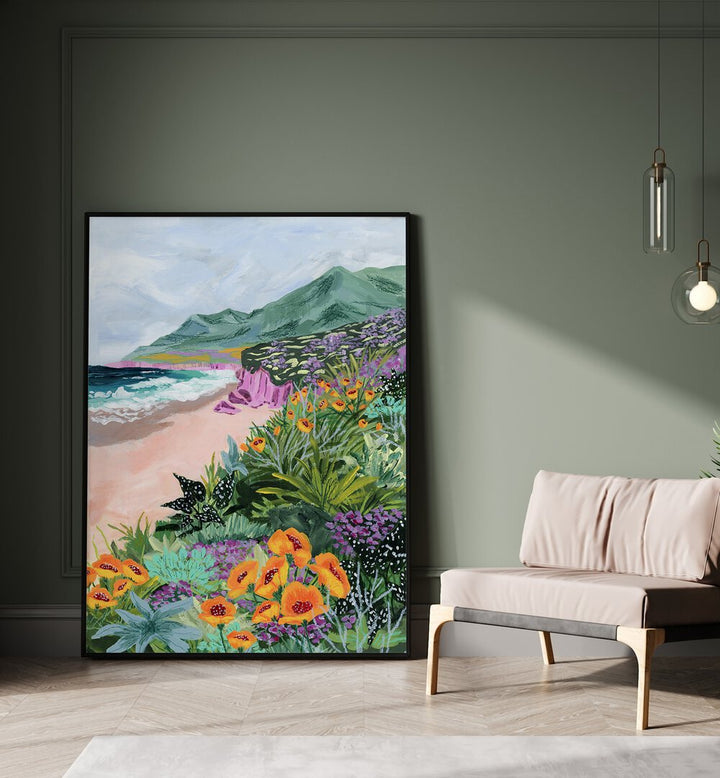 Coastal Bluffs By Sarah Gesek Landscape Art Prints in Black Plain Frame placed on the floor beside a chair