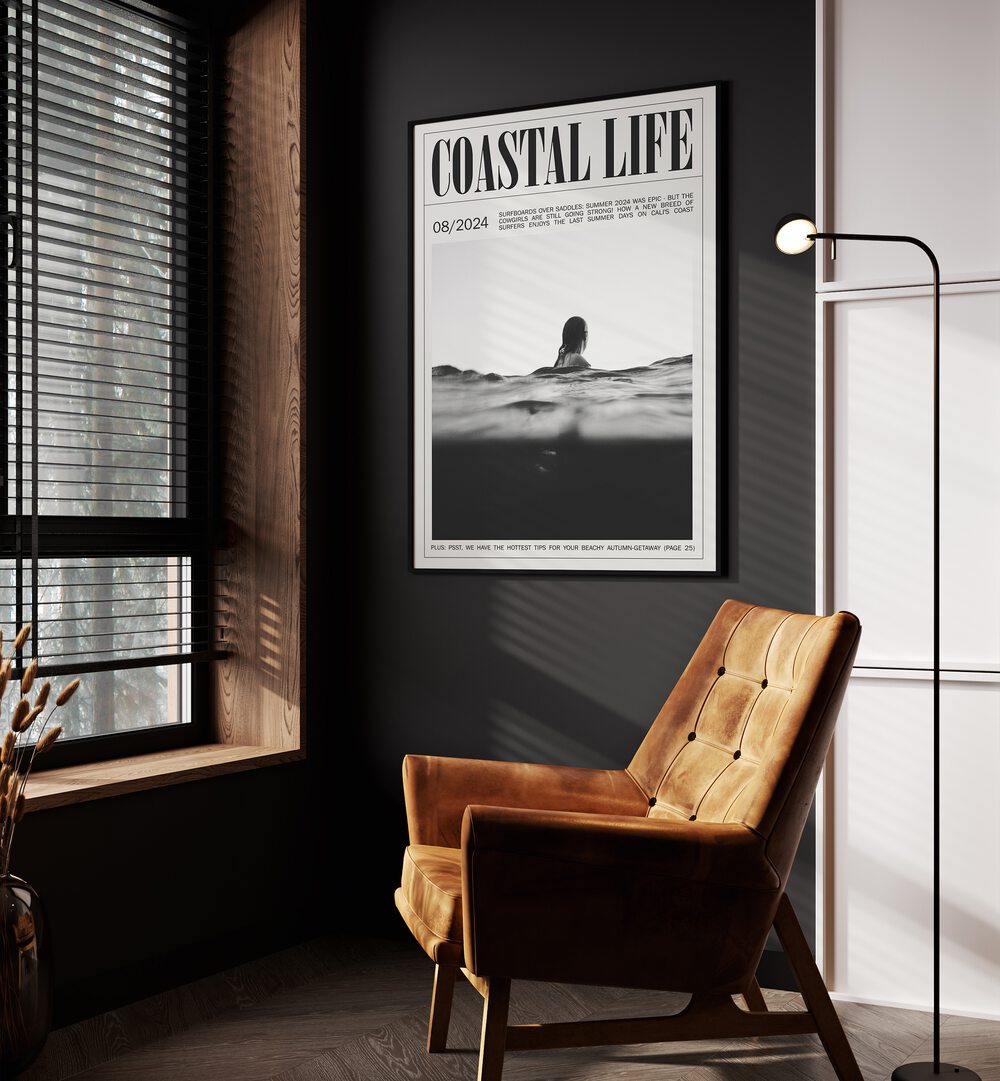 Coastal Life Iv Beach Prints Coastal Wall Art in Black Plain Frame placed on a wall beside an orange sofa and a window