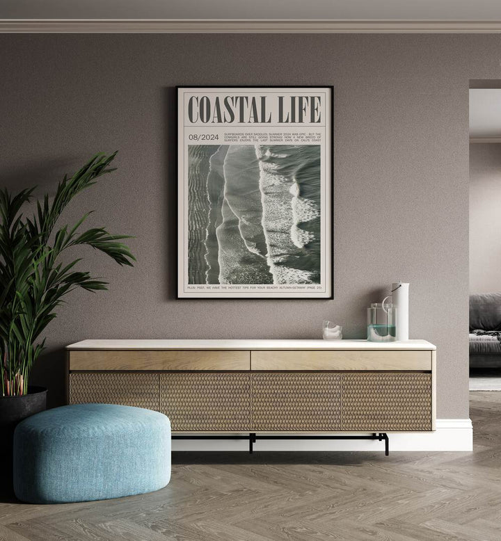 Coastal Life iii Beach Prints Coastal Wall Art in Black Plain Frame placed on a wall behind a console table