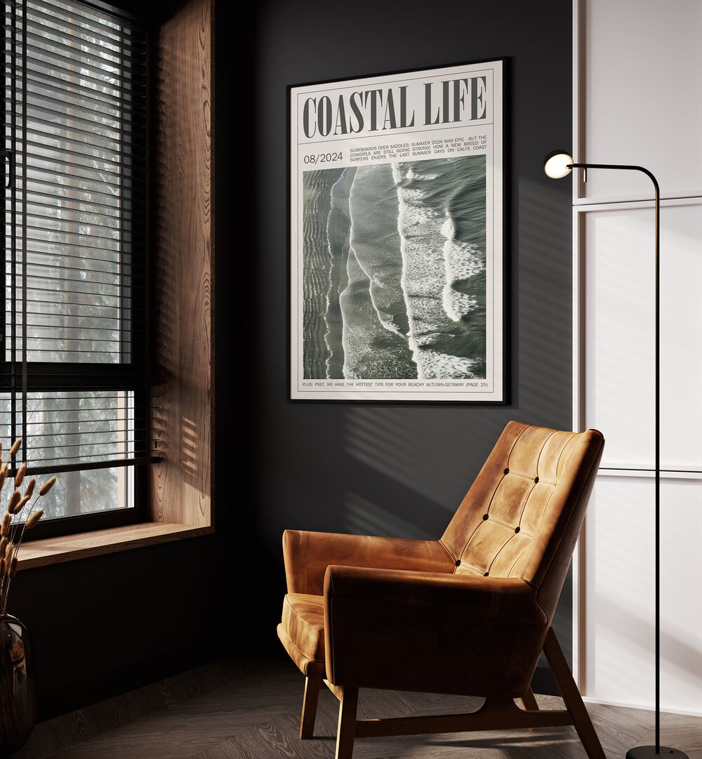 Coastal Life iii Beach Prints Coastal Wall Art in Black Plain Frame placed on a wall beside an orange sofa and a window