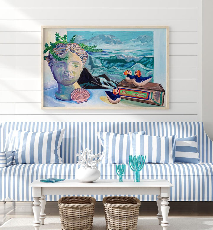 Coastal Still Life By Key And Sea Creative Art Print in Oak Wood Plain Frame on a white wall behind a sofa