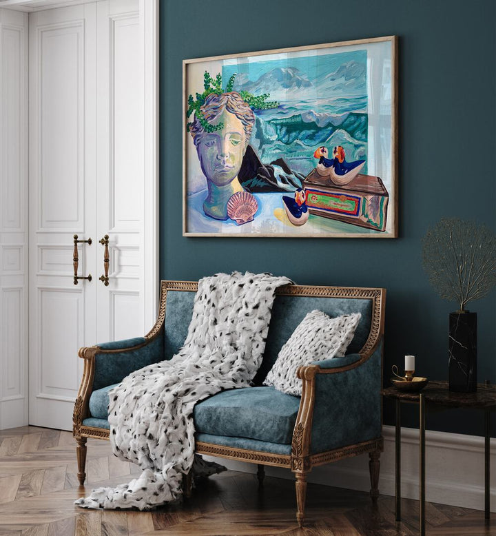 Coastal Still Life By Key And Sea Creative Art Print in Oak Wood Plain Frame behind a sofa on a green wall