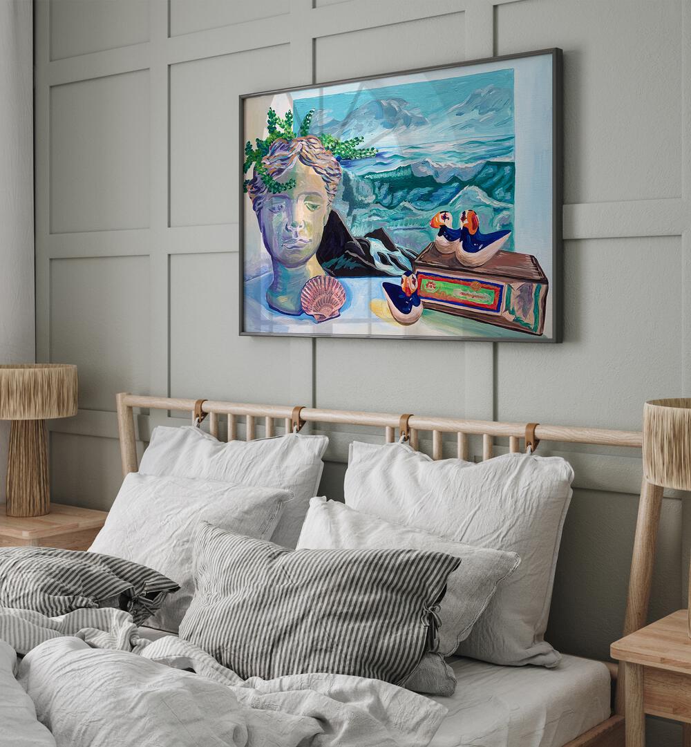 Coastal Still Life By Key And Sea Creative Art Print in Black Plain Frame above a bed for bedroom