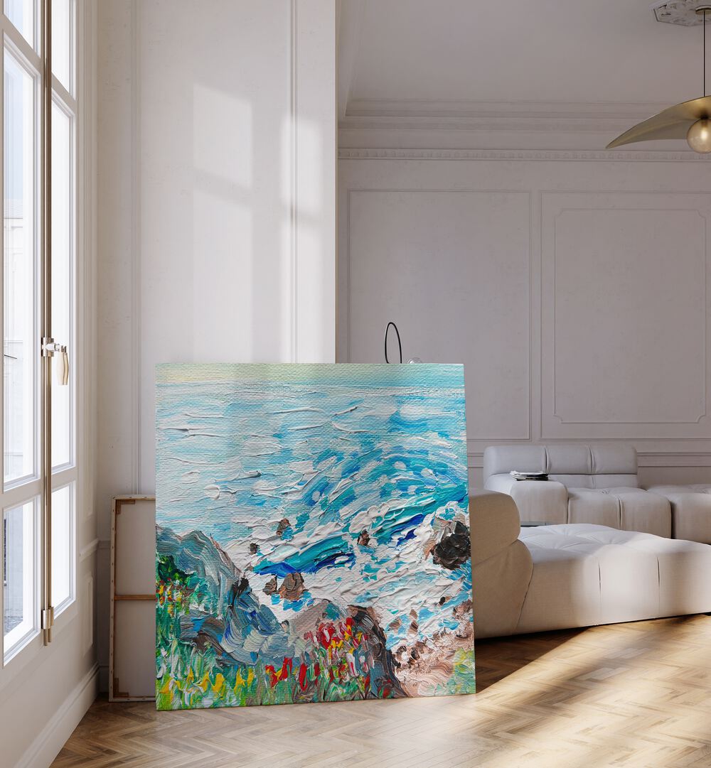 Coastline By Key And Sea Creative Landscape Art in Gallery Wrap beside a white door