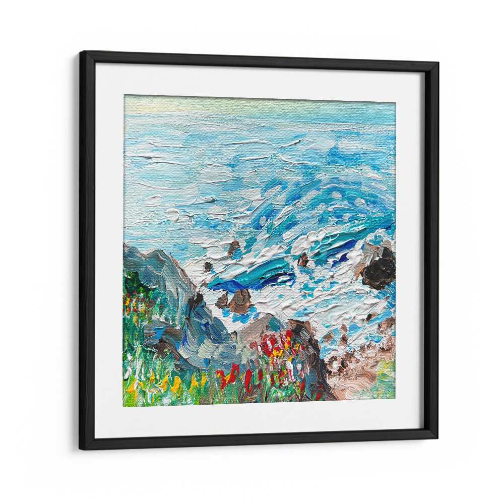 Coastline By Key And Sea Creative Landscape Art in Black Frame With Mount