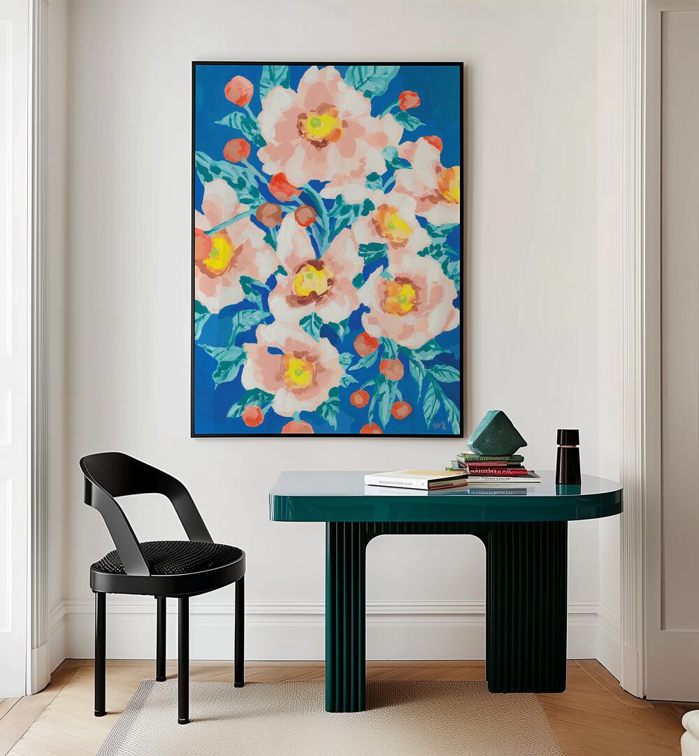 Cobalt Blue With Anemons By Ania Zwara Botanical Art Prints Floral Paintings in Black Plain Frame placed on a Cream Colored Wall near a Table in a Workspace in the Drawing Room