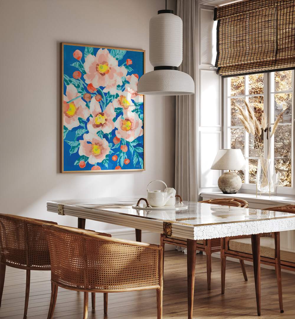 Cobalt Blue With Anemons By Ania Zwara Botanical Art Prints Floral Paintings in Oak Wood Plain Frame placed on a Cream Colored Wall near a Dining Table in the Dining Room