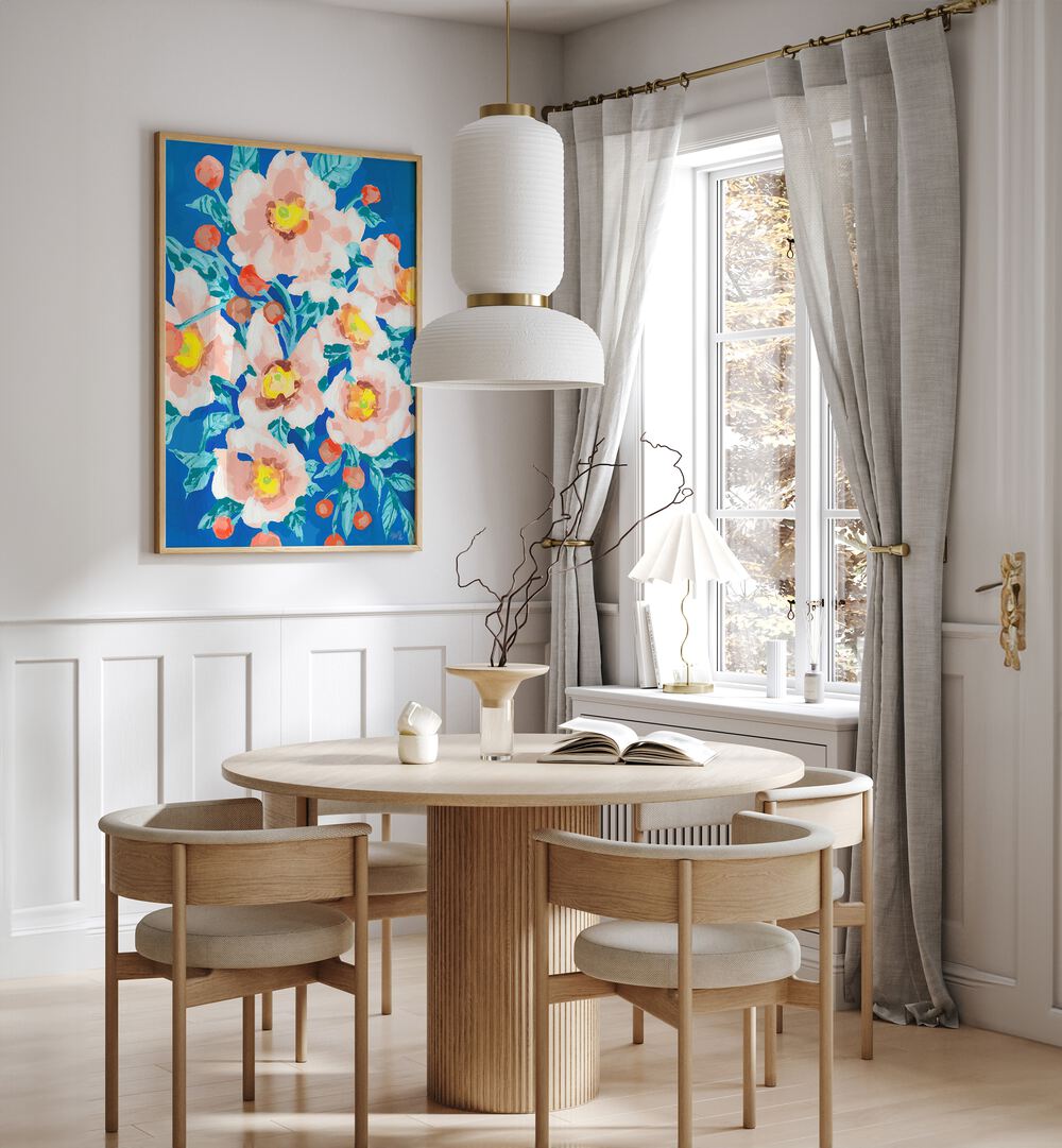 Cobalt Blue With Anemons By Ania Zwara Botanical Art Prints Floral Paintings in Oak Wood Plain Frame placed on a White Colored Wall near a Coffee Table in the Dining Room